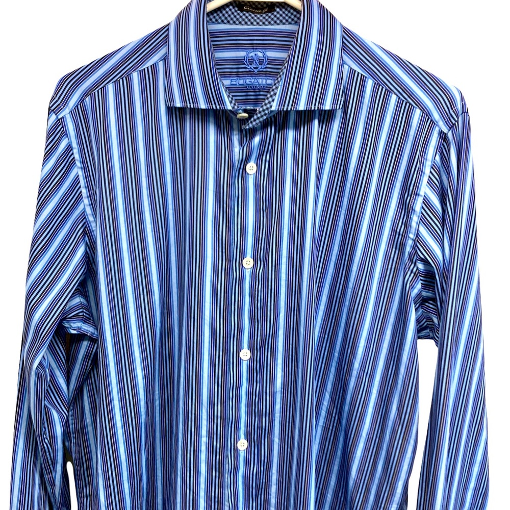Bugatchi Uomo Shirt M Blue stripe flip cuff - Picture 4 of 8